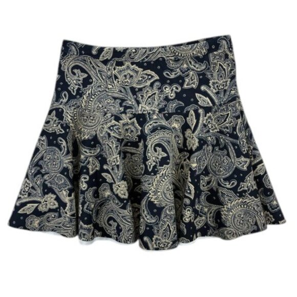 Abercrombie & Fitch Paisley Skater Skirt Women’s M Navy Tan Stretch Flare Casual - Picture 1 of 9